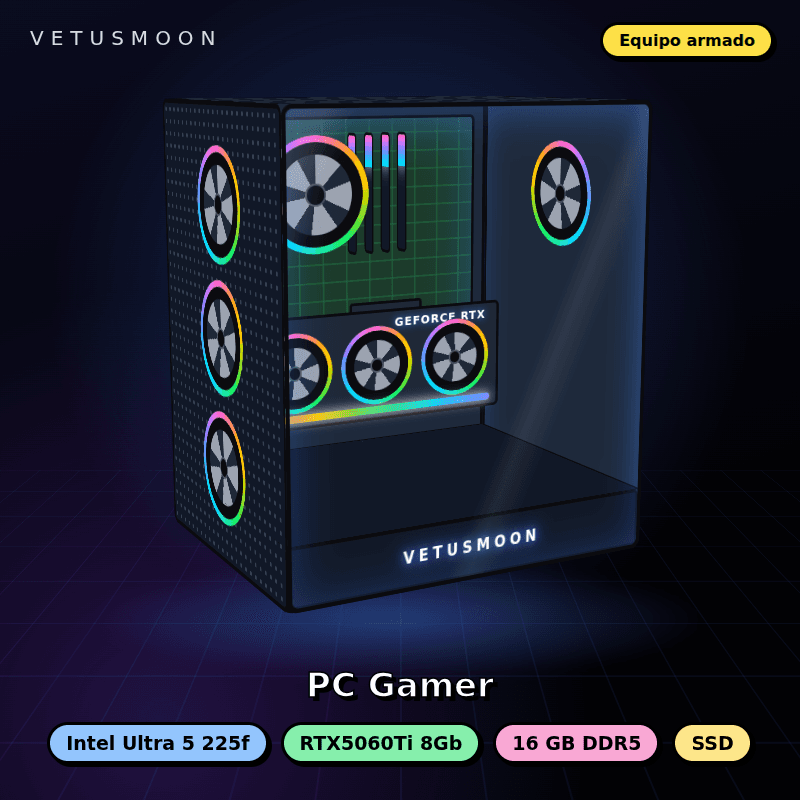 Equipo Intel Ultra 5 225f Full Gamer - 16Gb DDR5 - SSD - Geforce RTX5060Ti 8Gb